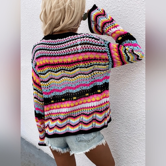 Bright Chevron Stripe Openwork Knit Button Front Long Sleeve Retro Cardigan Pink - Picture 4 of 6